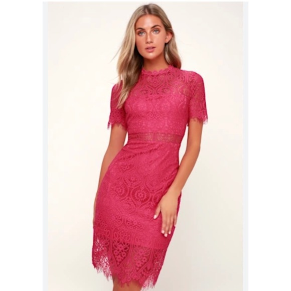 Lulus Dress Size M Remarkable‎ Fuchsia Lace Short Sleeve Mock Neck Midi 🩷🩷 - Picture 3 of 14